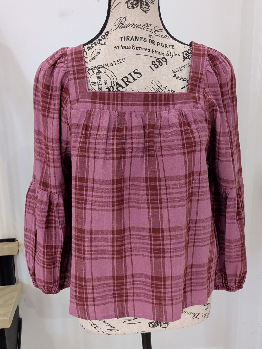 A.N.A | Women's Briana Plaid Violet Square Neck Long Sleeved Top